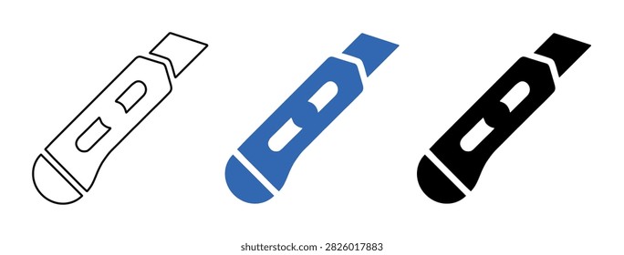 Three distinct utility knife icons are presented in a row, featuring outline, blue solid, and black solid styles on a clean white background