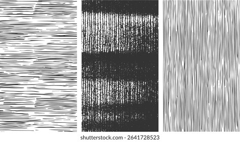 Three distinct vertical panels showcase varying black and white linear textures horizontal lines wit striped pattern with a granular texture The right panel features clean consistent vertical stripes