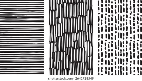 Three distinct vertical stripe patterns in black and white create a seamless texture background set. The patterns vary in line width and spacing, offering diverse design options.