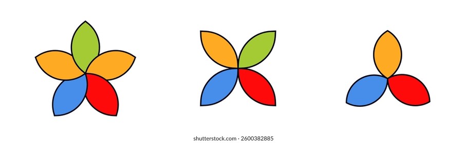 Three distinct and vibrant geometric flower shapes are arranged. each has different colored petals.