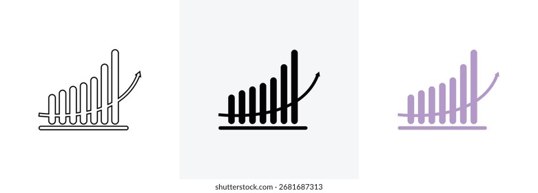Three distinct visual representations of a bar chart showing upward growth, each with a dynamic trend line indicating progress.