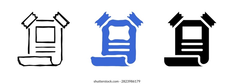 Three distinct visual representations of a paper document or notice affixed with tape, showcasing line art, solid blue, and solid black styles