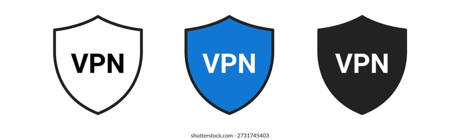 Drei verschiedene VPN-Schild-Symbole mit verschiedenen Farben: weiß, blau und schwarz, als Symbol für Online-Sicherheit und Privatsphäre.
