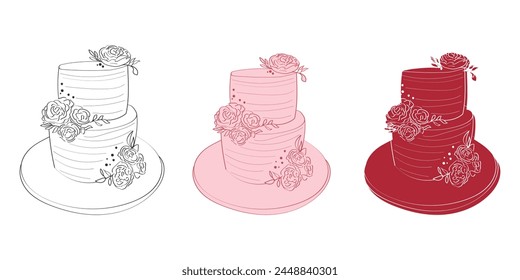 Three distinct wedding cakes of varied designs and flavors are displayed on a clean white background. Each cake has unique decorations and colors catering to different preferences and themes