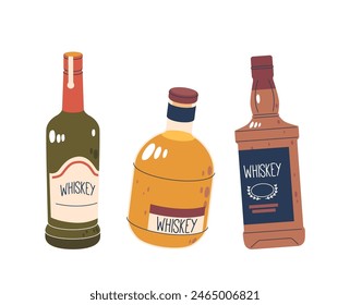 Tres Botellas De Whisky Distintas, Cada Una Con Su Propio Estilo Y Esquema De Color, Aisladas Sobre Fondo Blanco