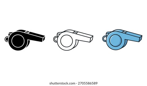 Three distinct whistle illustrations: a black silhouette, a black and white outline, and a blue flat design.