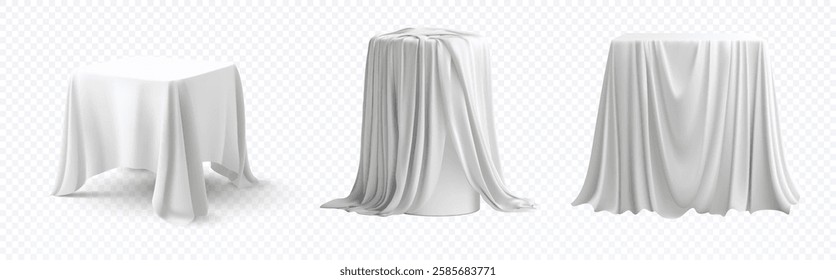 Three distinct white fabric drapes adorn various forms, emphasizing softness and texture. The smooth, flowing fabric creates an elegant contrast against a plain backdrop, enhancing the visual appeal.