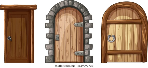 Three distinct wooden doors with unique designs
