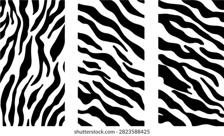 Three distinct zebra stripe patterns in black and white, showcasing different stripe orientations and styles for design and artistic use.