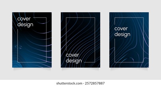 Three distinctive cover design templates showcase topographic abstract backgrounds in dark tones, ideal for book covers, presentations, or creative projects.