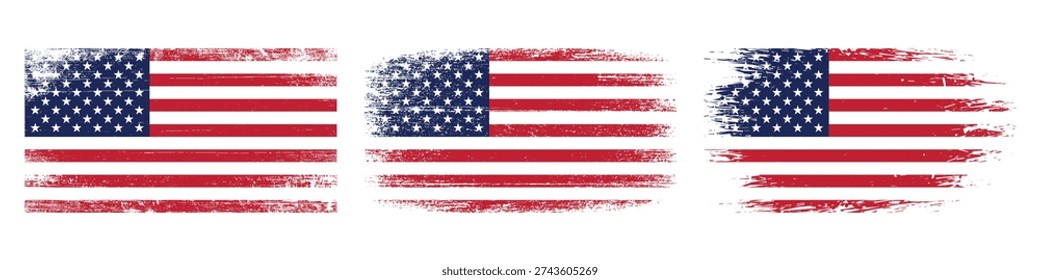 Three distressed American flags displayed side by side with a vintage, weathered texture. These patriotic symbols are perfect for conveying national pride and historical themes in various design projects.