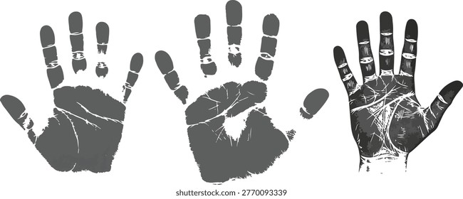 Three distressed handprint vector illustrations with textured details eps 10