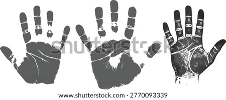 Three distressed handprint vector illustrations with textured details eps 10