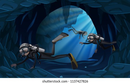 Three divers in a cavern underwater illustration