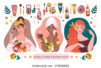 Three diverse beautiful girls applying makeup with a border of assorted cosmetics and toiletries in a panorama banner, colored vector illustration