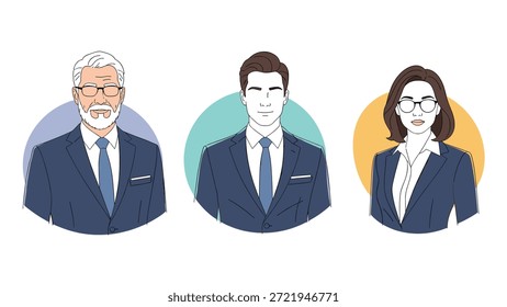Three diverse business professionals including an experienced man and a young woman are featured in modern circular profile icons.