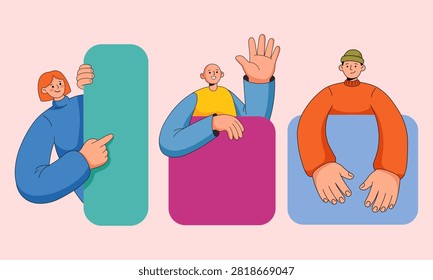 Three diverse cartoon characters with exaggerated features peeking from colorful geometric shapes on a light pink background.