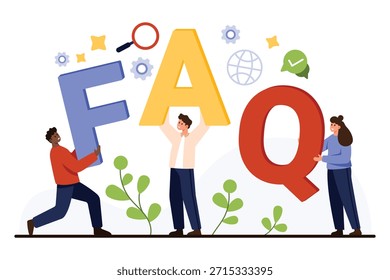 Tres caracteres diversos que sostienen letras grandes del FAQ con los iconos como lupa, engranajes, globo, y la marca de verificación para el centro de ayuda, la Asistencia, o la página de información aislada en el Vector blanco del fondo