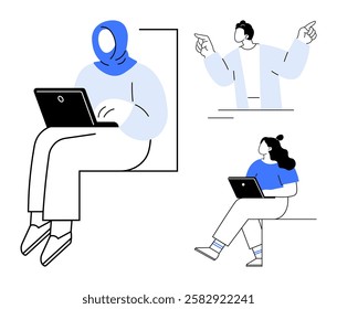 Three diverse characters one typing on a laptop, another gesturing energetically, and a third person sitting with a laptop. Ideal for teamwork, collaboration, remote work, diversity, brainstorming
