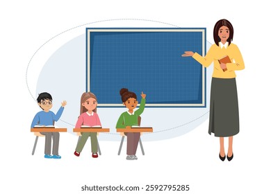 Three diverse children at school desks, an Asian boy and a Black girl raising their hands. The teacher stands by the board, pointing and teaching