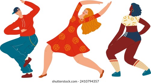 Three diverse dancers enjoying a dance party. Joyful young adults show different dance styles. Dancing together and expressing happiness vector illustration.