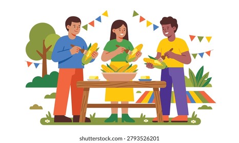 Three diverse friends happily prepare and eat corn on the cob at a picnic, surrounded by festive decorations and greenery.