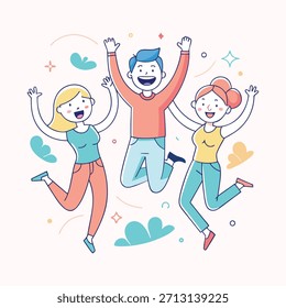 Three Diverse Friends Jumping for Joy with Abstract Shapes happiness friendship