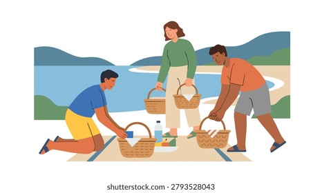 Three diverse friends setting up a picnic blanket with baskets near a body of water and hills.