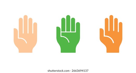 Tres diversos iconos de mano mostrados en una fila, mostrando gestos de palma. Uno es de color melocotón, otro es verde, y el tercero es naranja sobre fondo blanco.