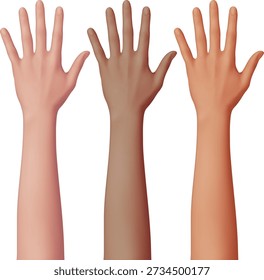 Three diverse human arms with different skin tones isolated on white background Realistic 3D vector showing hands with open fingers for diversity equality