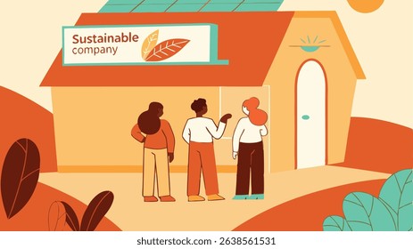 Three diverse individuals discussing sustainable practices outside a modern eco-friendly building with solar panels, showcasing a commitment to environmental responsibility and community engagement