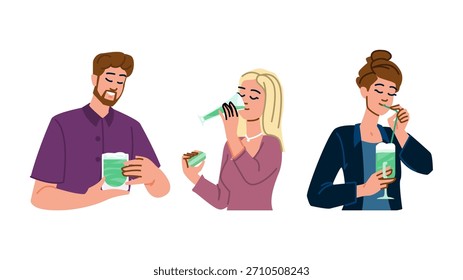 Três indivíduos diversos consumindo alegremente bebidas matcha verde, representando um estilo de vida consciente da saúde moderna e a popularidade de bebidas ricas em antioxidantes naturais para o bem-estar