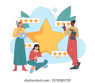 Three diverse individuals with laptops and tablets discussing five-star ratings. Bright flat style with a large star in the background. Concept of feedback. Vector illustration.