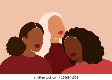 Three diverse multiethnic women together. African, Latin and Caucasian girls stand side by side. Sisterhood and females friendship. Vector illustration for International Women's day