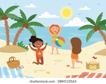 Three Diverse Multiracial Happy Children On Vacation At The Seaside Laughing And Playing Ball On The Beach In A Travel Concept, Colored Vector Illustration