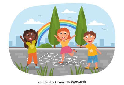 Three diverse multiracial kids playing a game of hopscotch outdoors with colorful rainbow in the background and city skyline, colored cartoon vector illustration