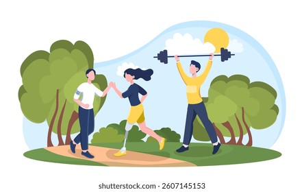 Three diverse people exercising in a park, including a woman with a prosthetic leg, flat graphic style, nature background. Concept of inclusive healthy lifestyle. Vector illustration