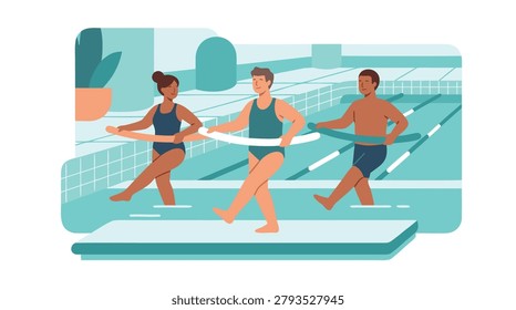 Three diverse people participating in a water aerobics class, holding onto a floatation belt for support and exercise.