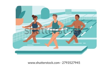 Three diverse people participating in a water aerobics class, holding onto a floatation belt for support and exercise.