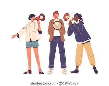 Three Diverse People Stand Together Using Megaphones To Communicate And Attract Attention. Cartoon Vector Image