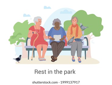 Three diverse senior ladies enjoying a relaxing chat in the park as they relax on a bench in the sunshine. Flat cartoon colored vector illustration with text