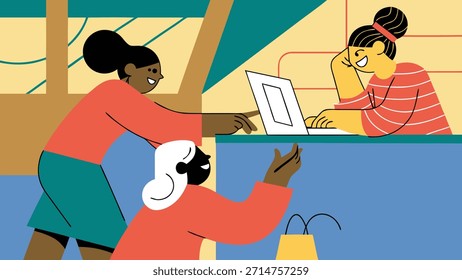 Three diverse women collaborating and working together on a laptop, smiling and engaged in a positive work environment.