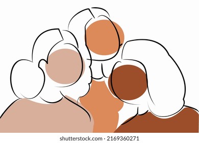 Three diverse women with different skin color. Feminism concept. Multiethnic women together. African, Latin and Caucasian girls stand side by side. Sisterhood and female friendship. Vector art.