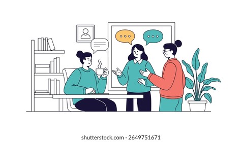 Three diverse women engaged in a lively collaborative discussion in a modern office setting surrounded by plants and office decor