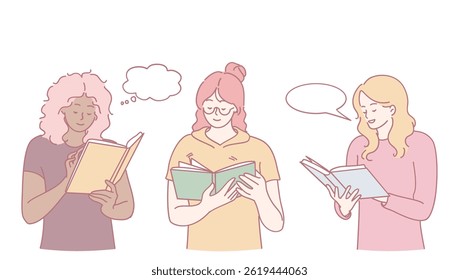 Three diverse women are enjoying themselves as they read books and share thoughts in a light and inviting atmosphere