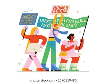 Three diverse women hold protest signs with feminist slogans. A colorful vector illustration on a white background, perfect for websites, social campaigns, and animations