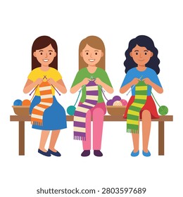 Three diverse women sitting on a bench knitting colorful scarves. Flat illustration of three smiling women knitting striped scarves on a wooden bench with balls of yarn. Ideal for craft blogs, hobby websites, or community connection articles.