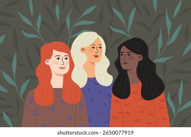 Three diverse women stand together against a background of greenery. It symbolizes female friendship, unity and empowerment. A hand-drawn illustration.