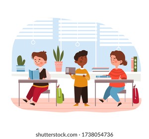 Three diverse young children in the classroom at school seated at their desk learning from books, colored vector illustration