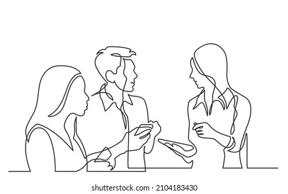 Three Diverse Young Professionals Holding Smartphones Discussing Work As Team Continuous Line Drawing